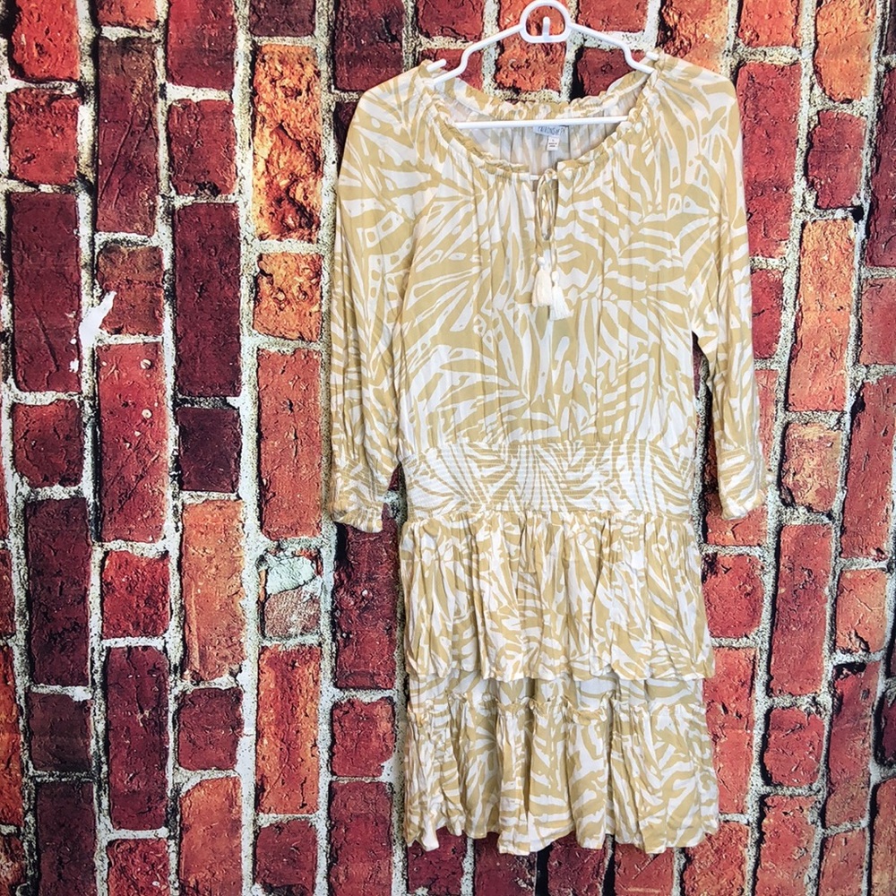 Patrons Of Peace Women Ruffle Tiered Peasant Dress Size large Yellow/White NWT